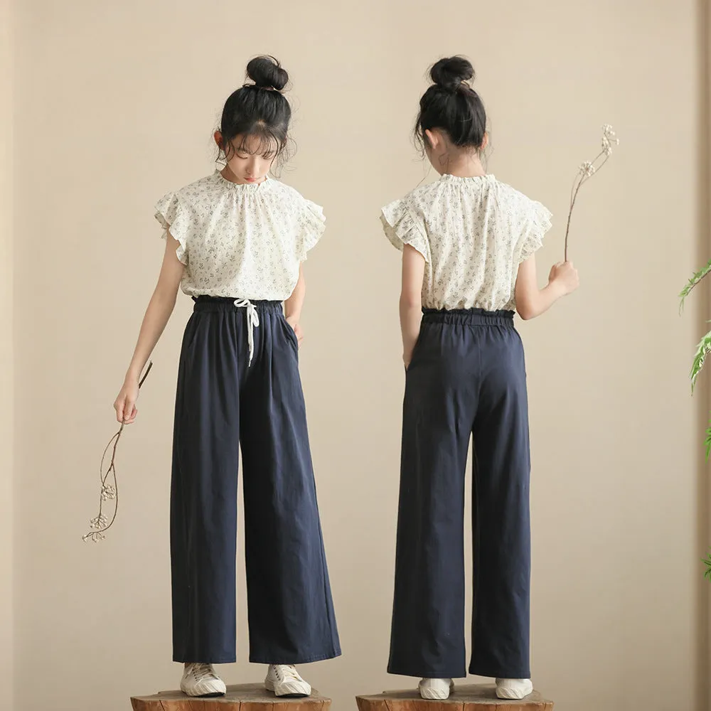 日系 碎花小飞袖衬衫/ 直筒裤 Delicate Floral Ruffle Sleeve Blouse/ Classic Straight Leg Pants