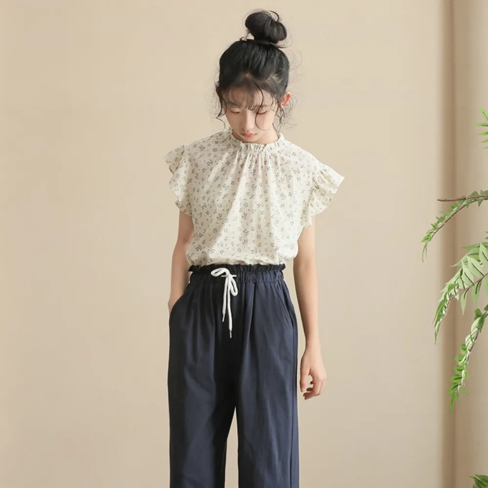 日系 碎花小飞袖衬衫/ 直筒裤 Delicate Floral Ruffle Sleeve Blouse/ Classic Straight Leg Pants