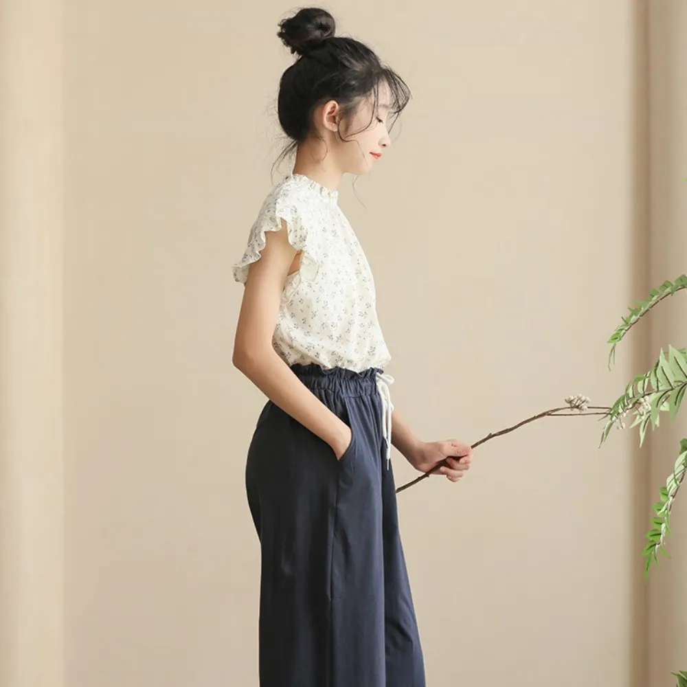 日系 碎花小飞袖衬衫/ 直筒裤 Delicate Floral Ruffle Sleeve Blouse/ Classic Straight Leg Pants