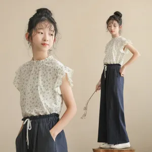 日系 碎花小飞袖衬衫/ 直筒裤 Delicate Floral Ruffle Sleeve Blouse/ Classic Straight Leg Pants