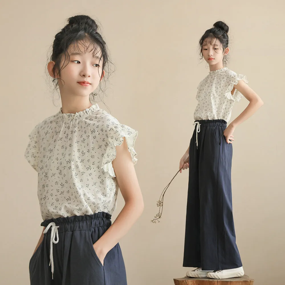 日系 碎花小飞袖衬衫/ 直筒裤 Delicate Floral Ruffle Sleeve Blouse/ Classic Straight Leg Pants