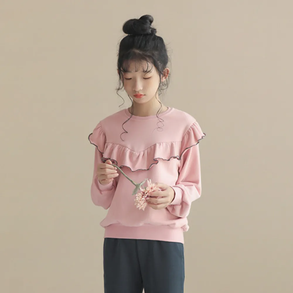 荷叶边卫衣/ 微喇叭阔腿裤 Ruffle Trim Sweatshirt/ Flared Wide-Leg Pants