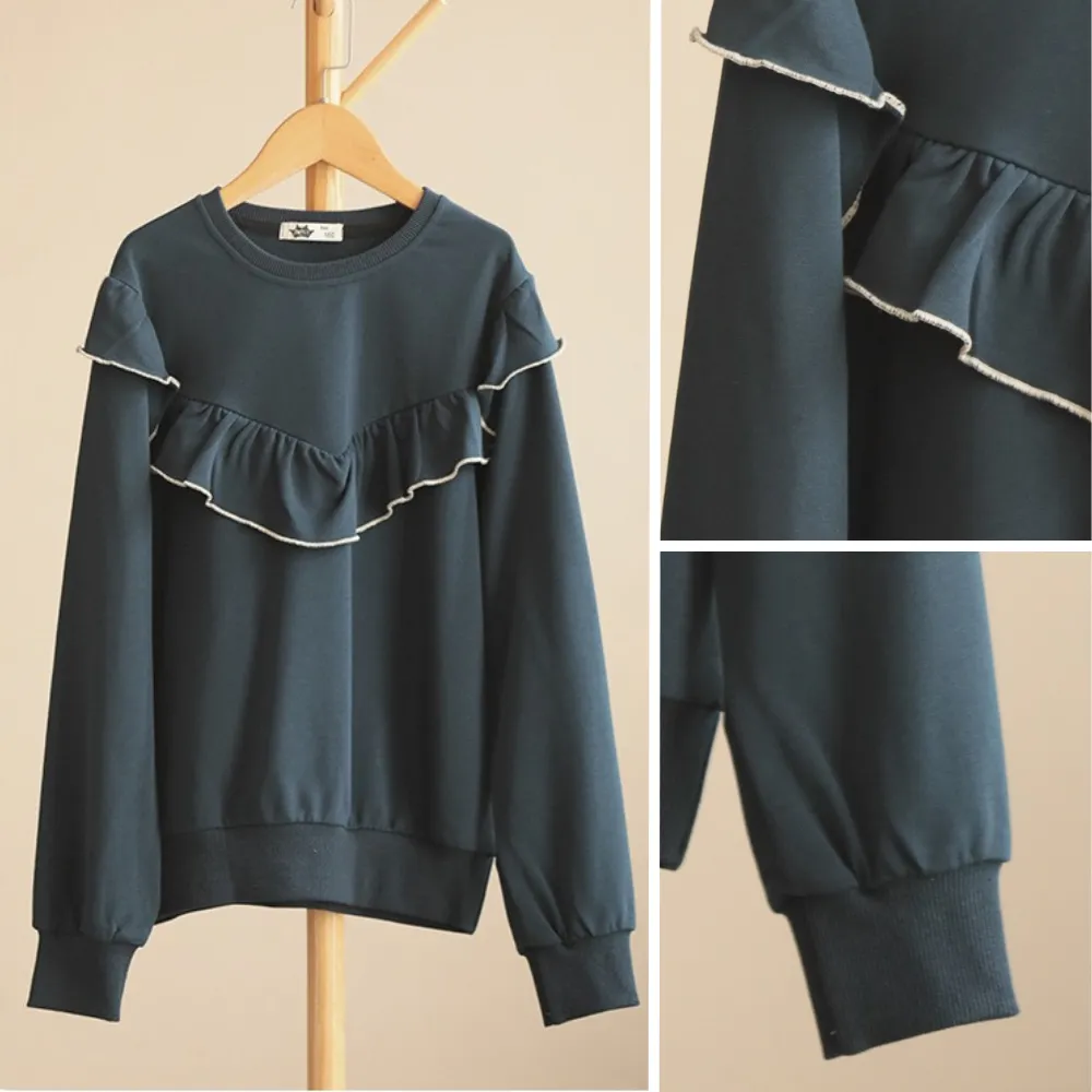 荷叶边卫衣/ 微喇叭阔腿裤 Ruffle Trim Sweatshirt/ Flared Wide-Leg Pants