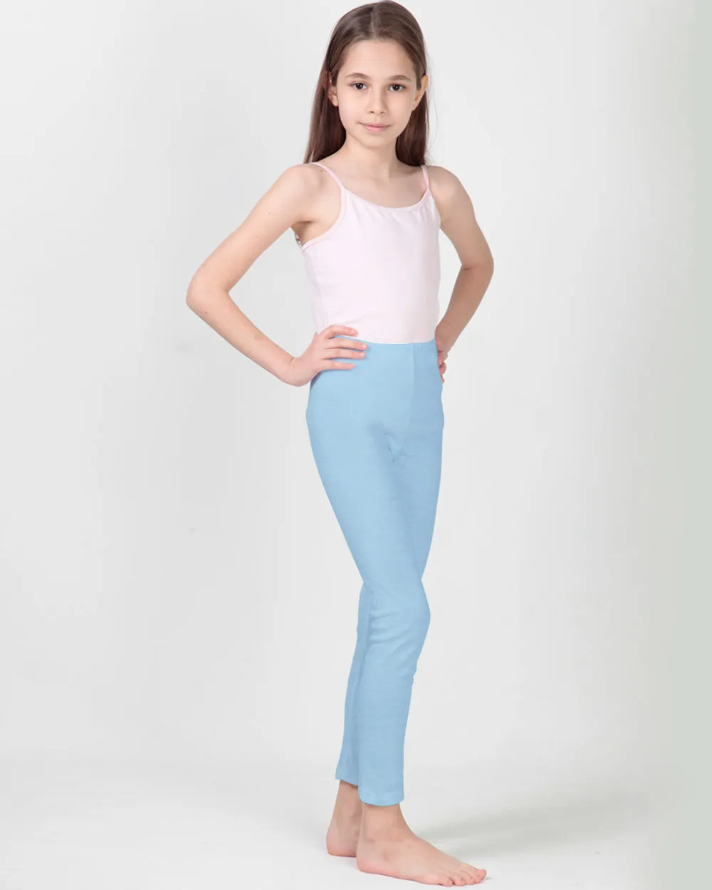 100% Organic Cotton High Waisted Ankle Length Leggings for Girls - Light Blue