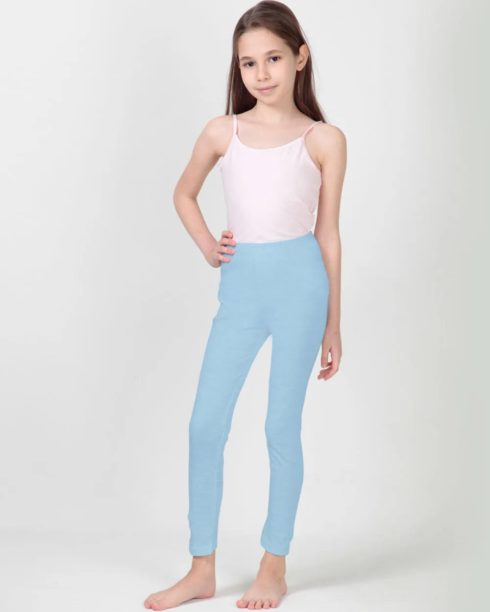 100% Organic Cotton High Waisted Ankle Length Leggings for Girls - Light Blue