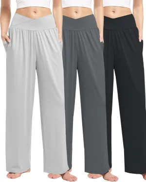 3 Pack Womens Wide Leg Yoga Pants Crossover High Waisted Casual Loose Lounge Sweatpants with Pockets