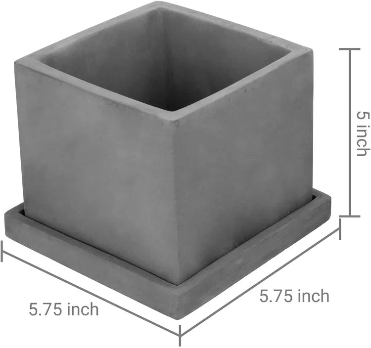 5-inch Dark Gray Cement Cube Planters with Removable Trays, Set of 2