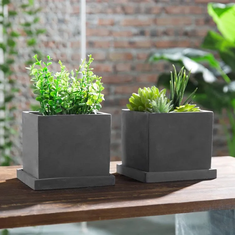5-inch Dark Gray Cement Cube Planters with Removable Trays, Set of 2
