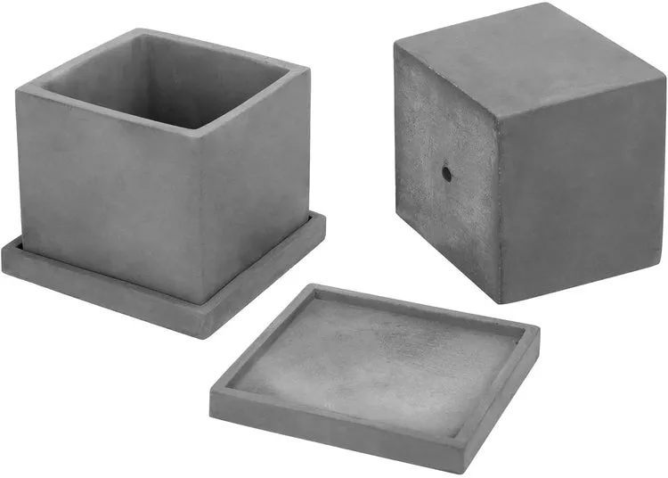 5-inch Dark Gray Cement Cube Planters with Removable Trays, Set of 2