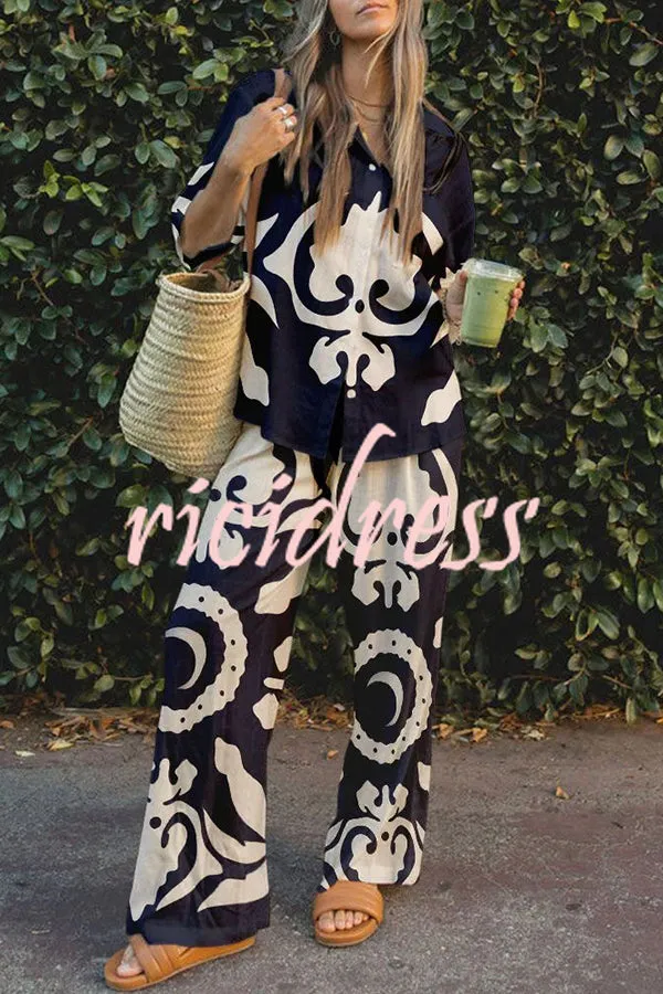 Abstract World Print Button Elastic Waist Pants Set