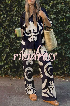 Abstract World Print Button Elastic Waist Pants Set