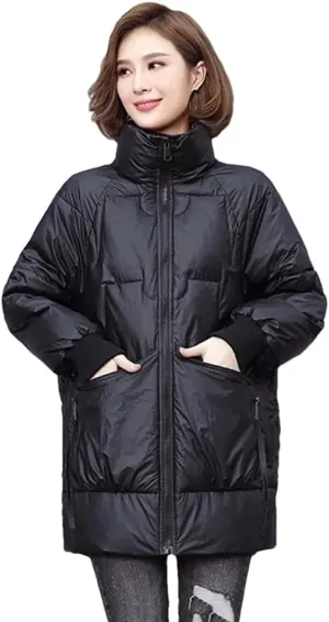 Adhdyuud Womens Solid With Pocket Winter Outerwear Thicken Warm Zipper Cotton-Padded Coat Winter