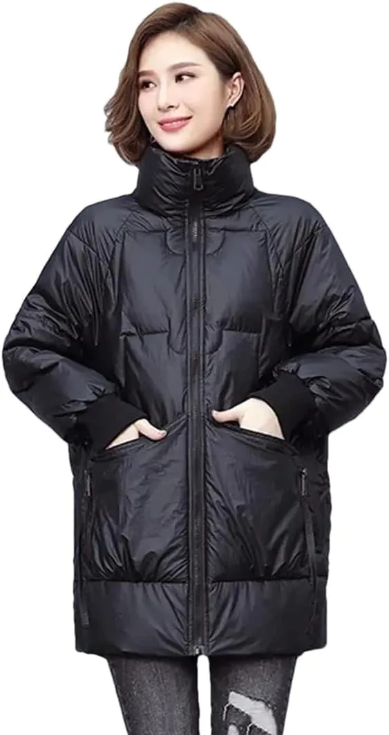 Adhdyuud Womens Solid With Pocket Winter Outerwear Thicken Warm Zipper Cotton-Padded Coat Winter