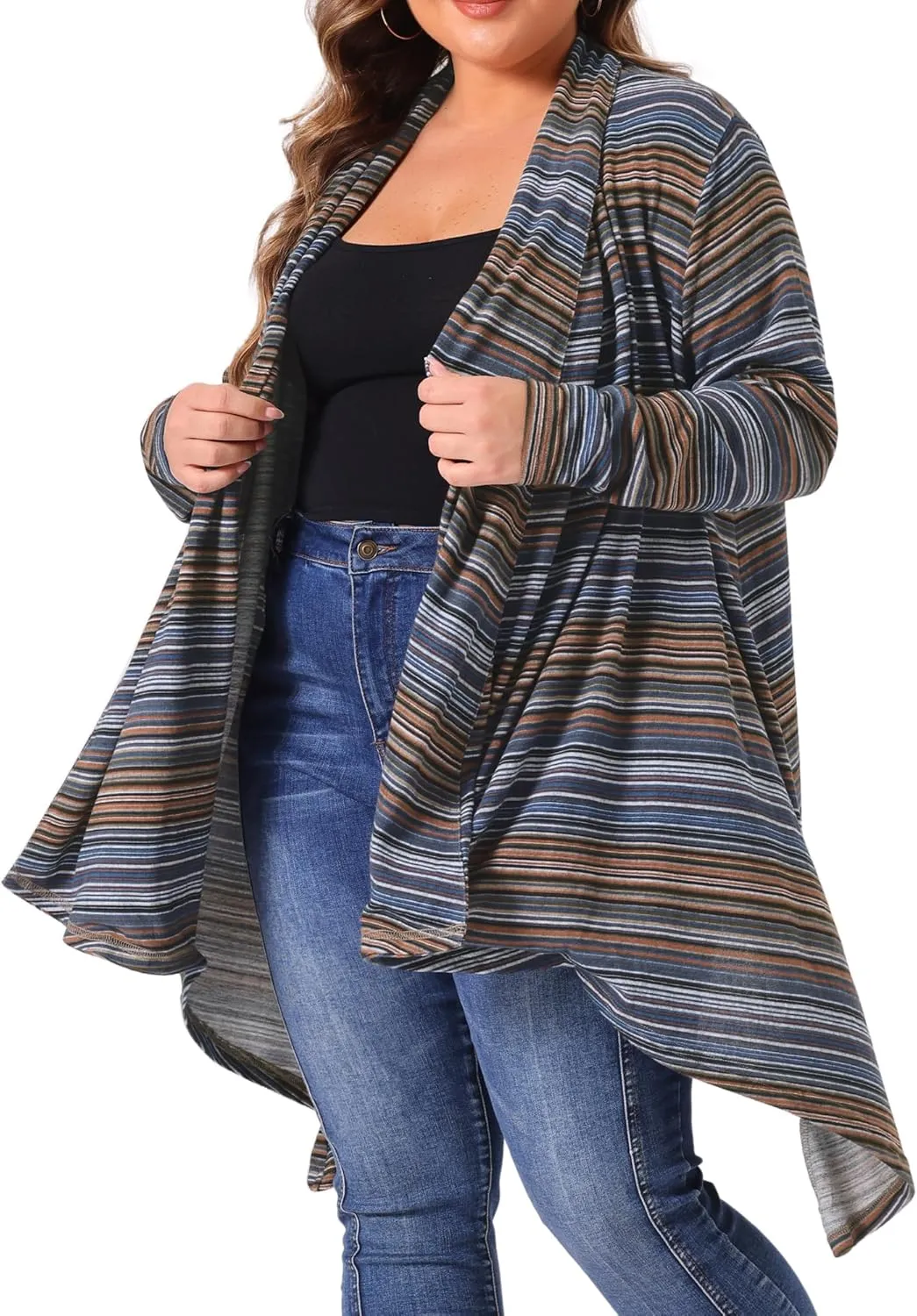 Agnes Orinda Plus Size Cardigan Sweaters for Women Lightweight Long Sleeve Open Front Knit Stripe Cardigans