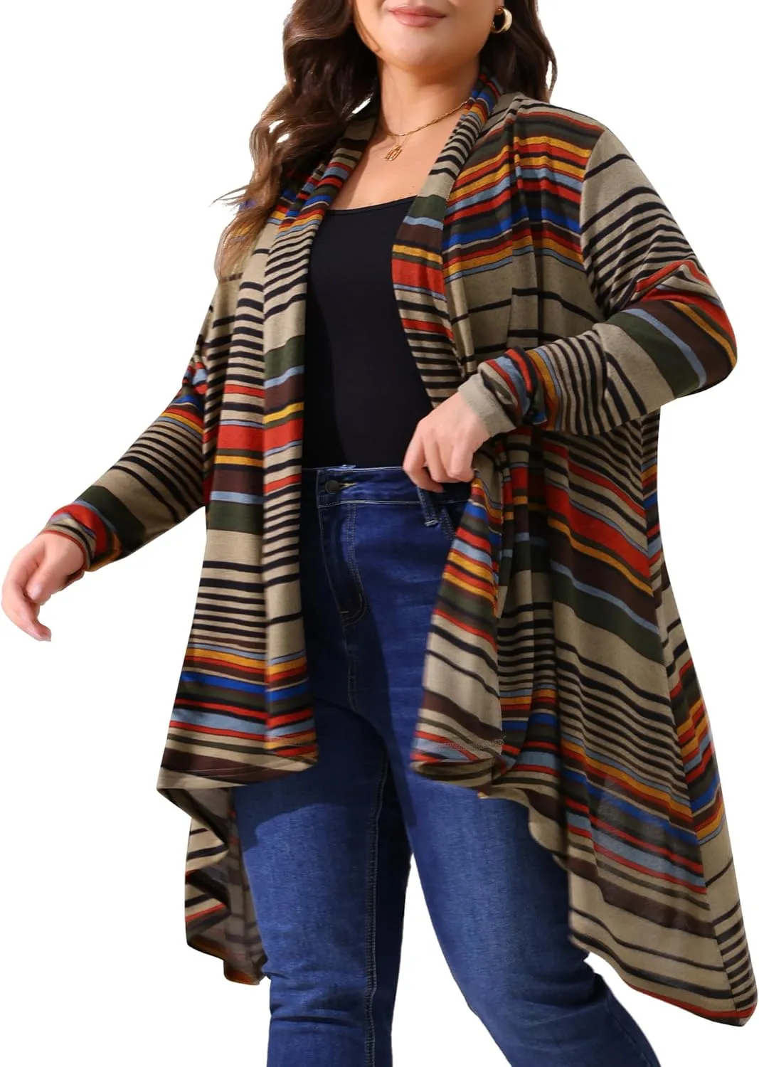 Agnes Orinda Plus Size Cardigan Sweaters for Women Lightweight Long Sleeve Open Front Knit Stripe Cardigans