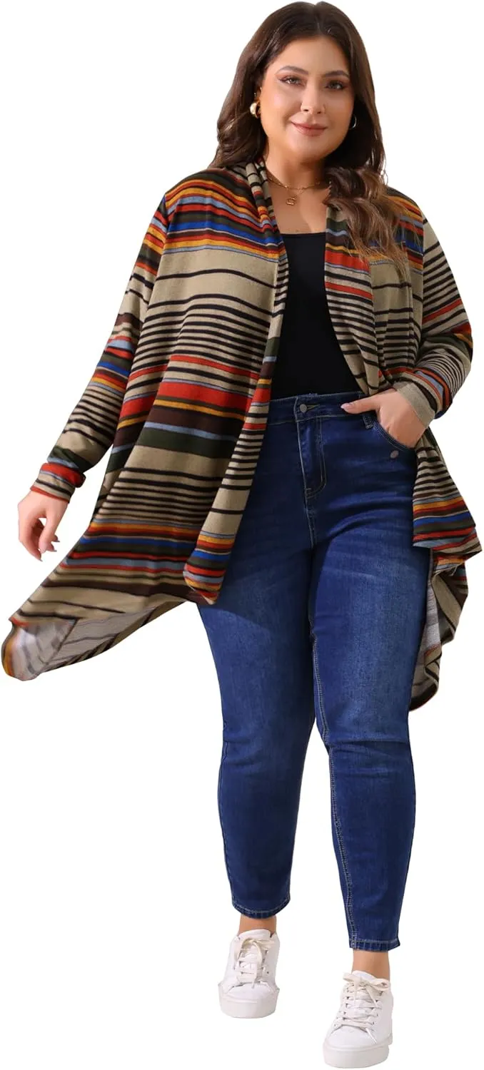 Agnes Orinda Plus Size Cardigan Sweaters for Women Lightweight Long Sleeve Open Front Knit Stripe Cardigans