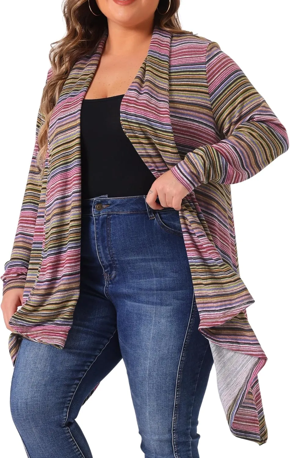 Agnes Orinda Plus Size Cardigan Sweaters for Women Lightweight Long Sleeve Open Front Knit Stripe Cardigans