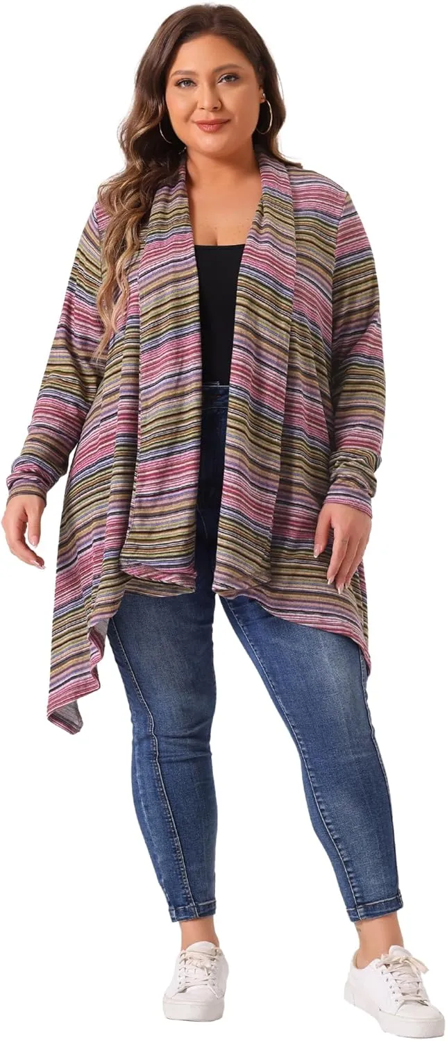 Agnes Orinda Plus Size Cardigan Sweaters for Women Lightweight Long Sleeve Open Front Knit Stripe Cardigans