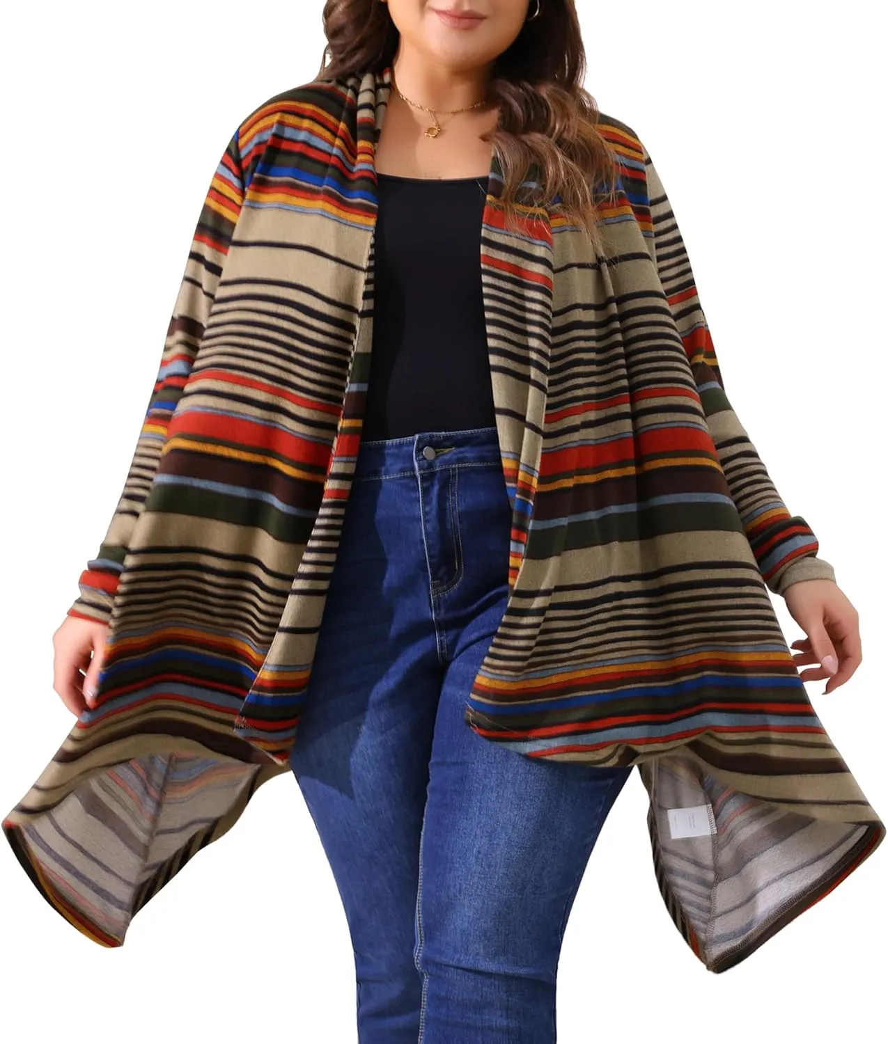 Agnes Orinda Plus Size Cardigan Sweaters for Women Lightweight Long Sleeve Open Front Knit Stripe Cardigans