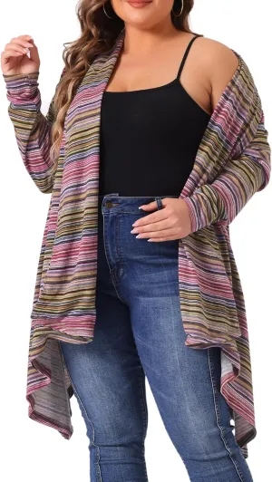 Agnes Orinda Plus Size Cardigan Sweaters for Women Lightweight Long Sleeve Open Front Knit Stripe Cardigans