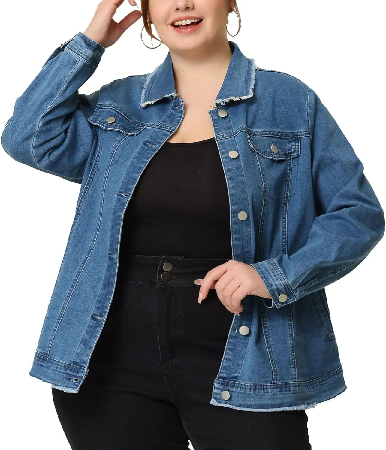 Agnes Orinda Plus Size Denim Jackets for Women Frayed Hem Classic Washed Jean Jacket