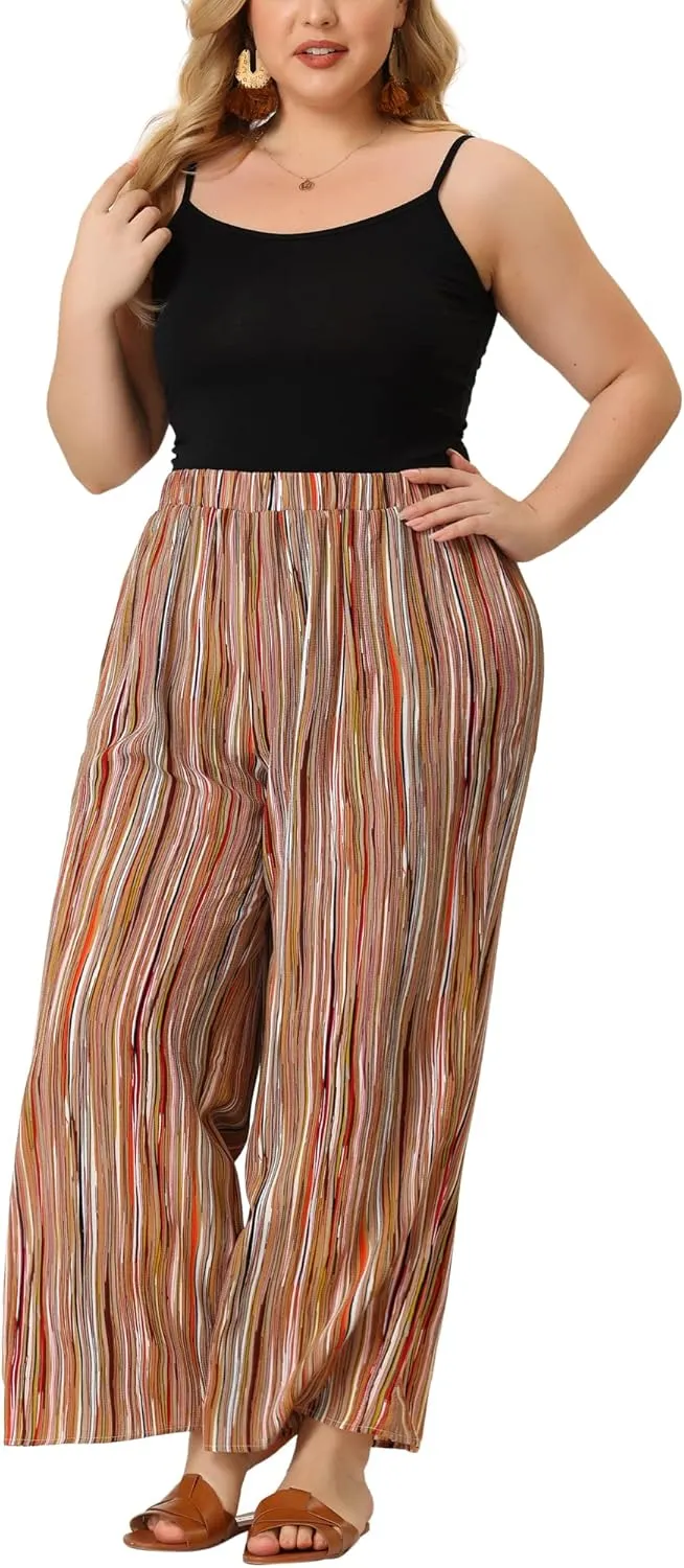 Agnes Orinda Plus Size Palazzo Pants for Women Stripe Boho Wide Leg Paper Bag Pants Beach Casual Summer