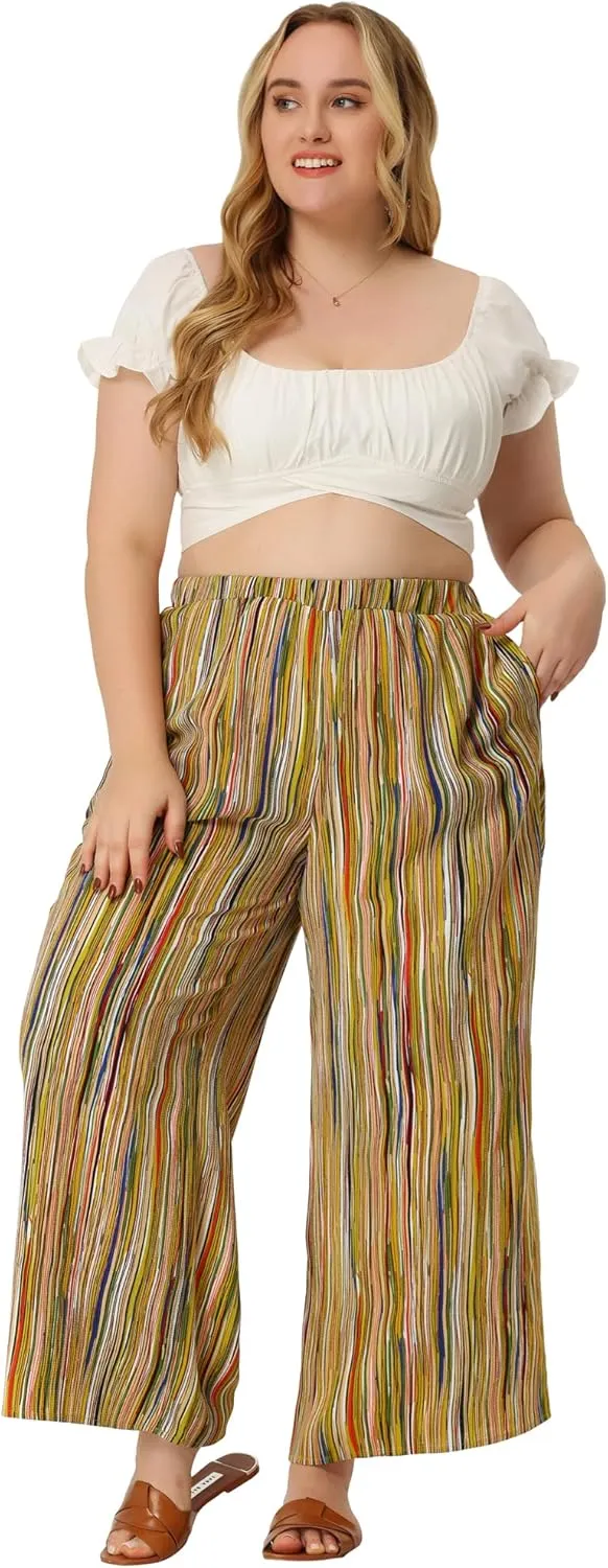 Agnes Orinda Plus Size Palazzo Pants for Women Stripe Boho Wide Leg Paper Bag Pants Beach Casual Summer