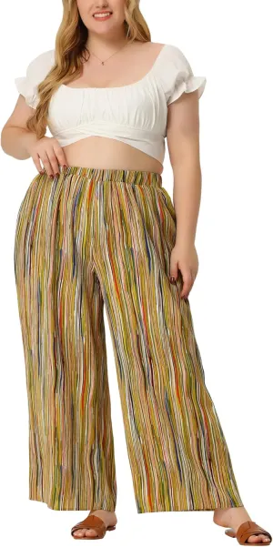 Agnes Orinda Plus Size Palazzo Pants for Women Stripe Boho Wide Leg Paper Bag Pants Beach Casual Summer