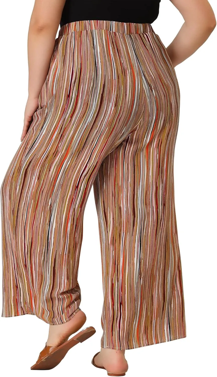 Agnes Orinda Plus Size Palazzo Pants for Women Stripe Boho Wide Leg Paper Bag Pants Beach Casual Summer