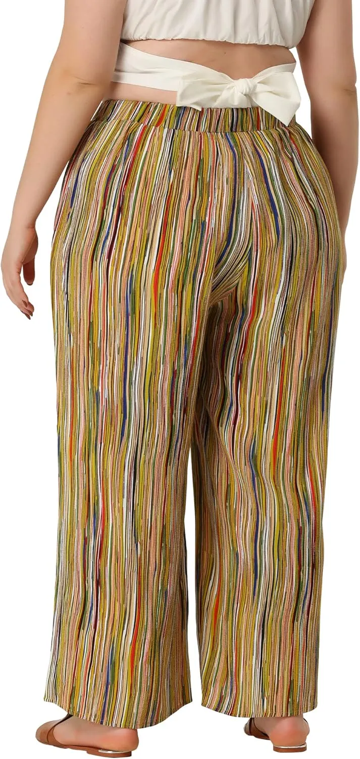 Agnes Orinda Plus Size Palazzo Pants for Women Stripe Boho Wide Leg Paper Bag Pants Beach Casual Summer