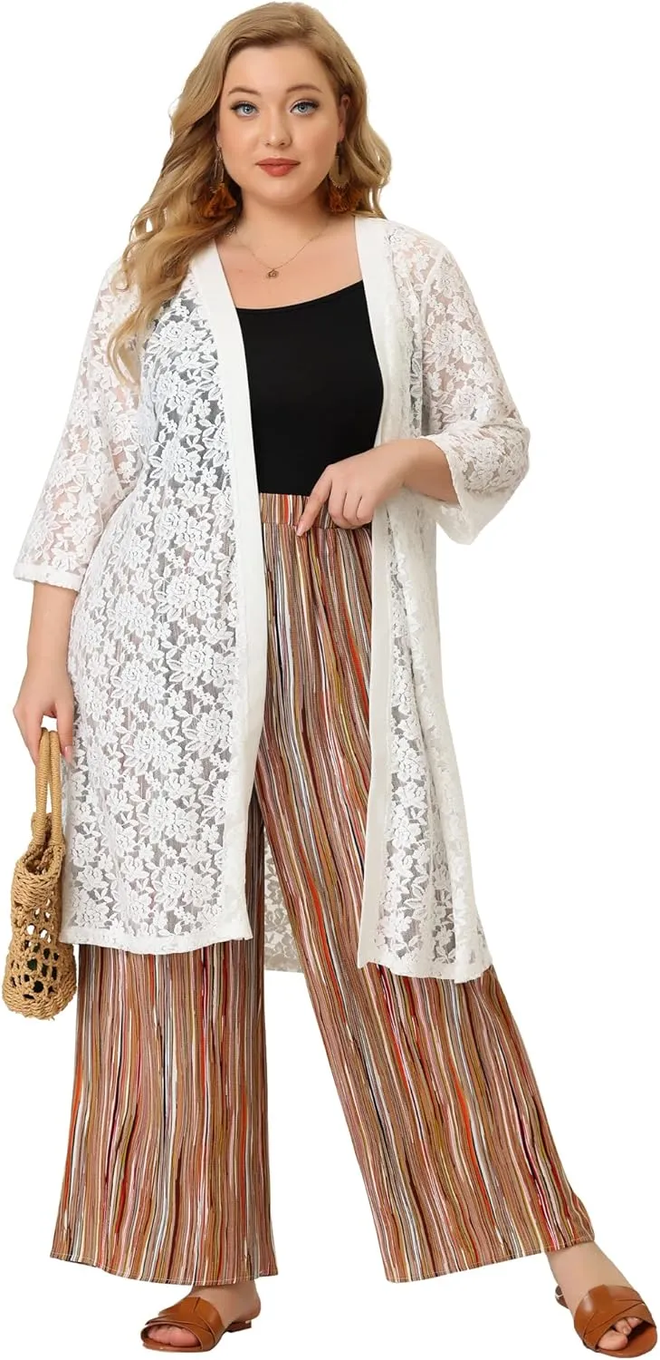 Agnes Orinda Plus Size Palazzo Pants for Women Stripe Boho Wide Leg Paper Bag Pants Beach Casual Summer