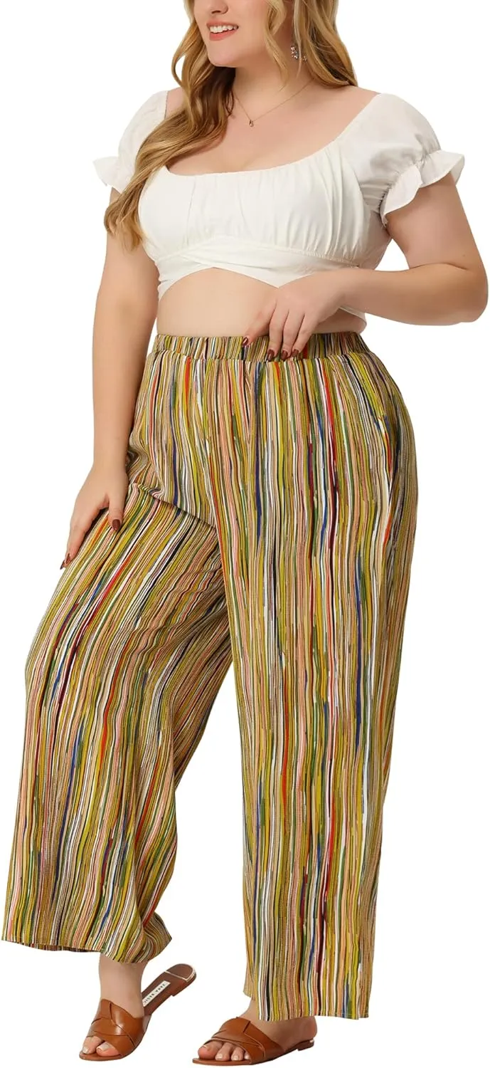 Agnes Orinda Plus Size Palazzo Pants for Women Stripe Boho Wide Leg Paper Bag Pants Beach Casual Summer
