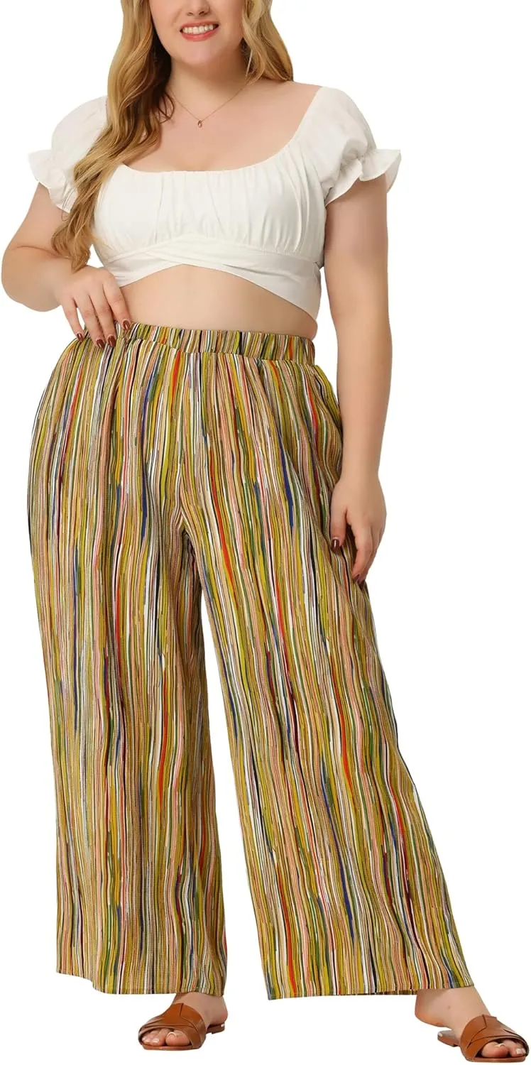 Agnes Orinda Plus Size Palazzo Pants for Women Stripe Boho Wide Leg Paper Bag Pants Beach Casual Summer
