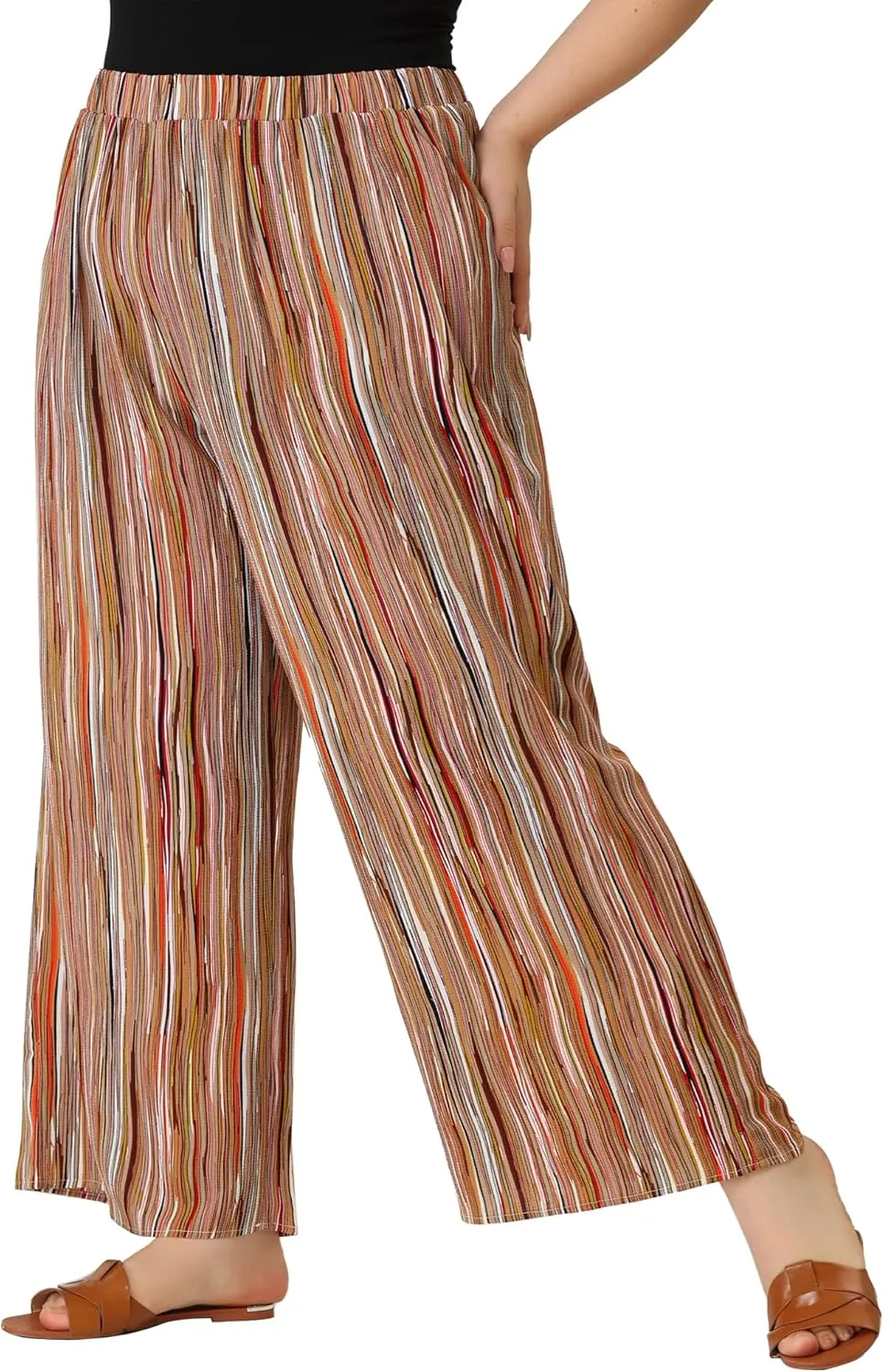 Agnes Orinda Plus Size Palazzo Pants for Women Stripe Boho Wide Leg Paper Bag Pants Beach Casual Summer