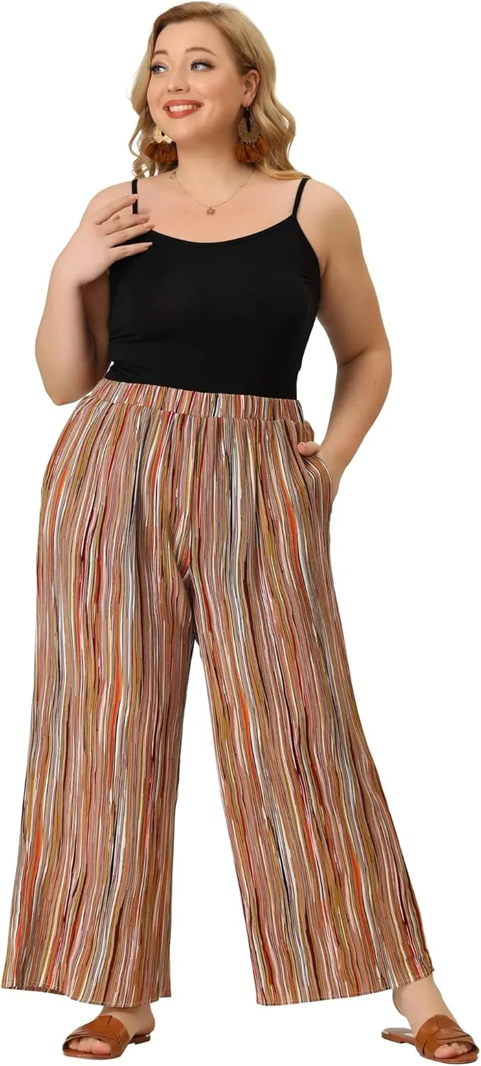 Agnes Orinda Plus Size Palazzo Pants for Women Stripe Boho Wide Leg Paper Bag Pants Beach Casual Summer