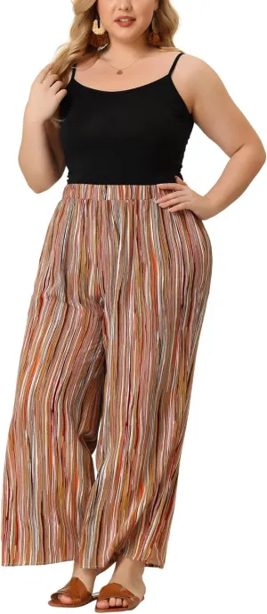 Agnes Orinda Plus Size Palazzo Pants for Women Stripe Boho Wide Leg Paper Bag Pants Beach Casual Summer
