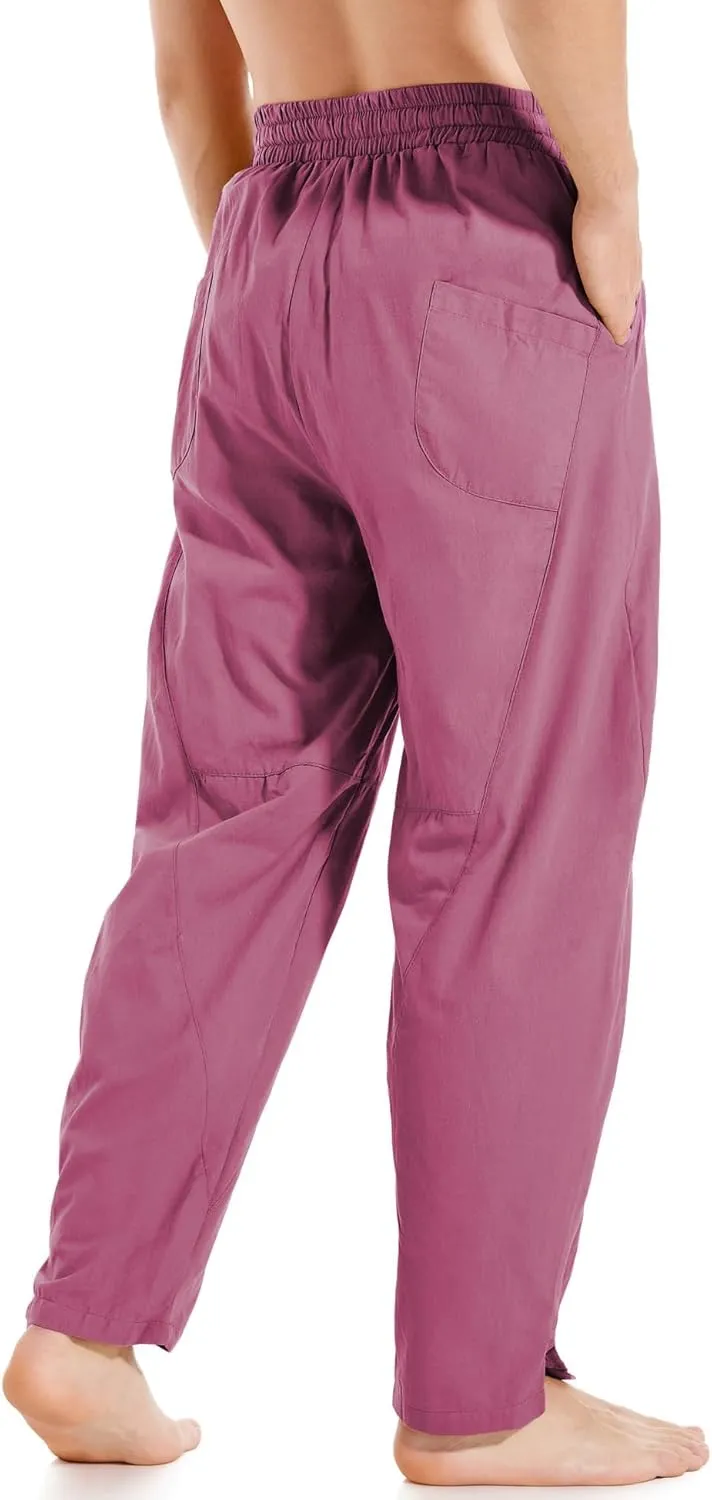 AITFINEISM Mens Cotton Linen Pants Elastic Drawstring Waist Lightweight Summer Beach Pants