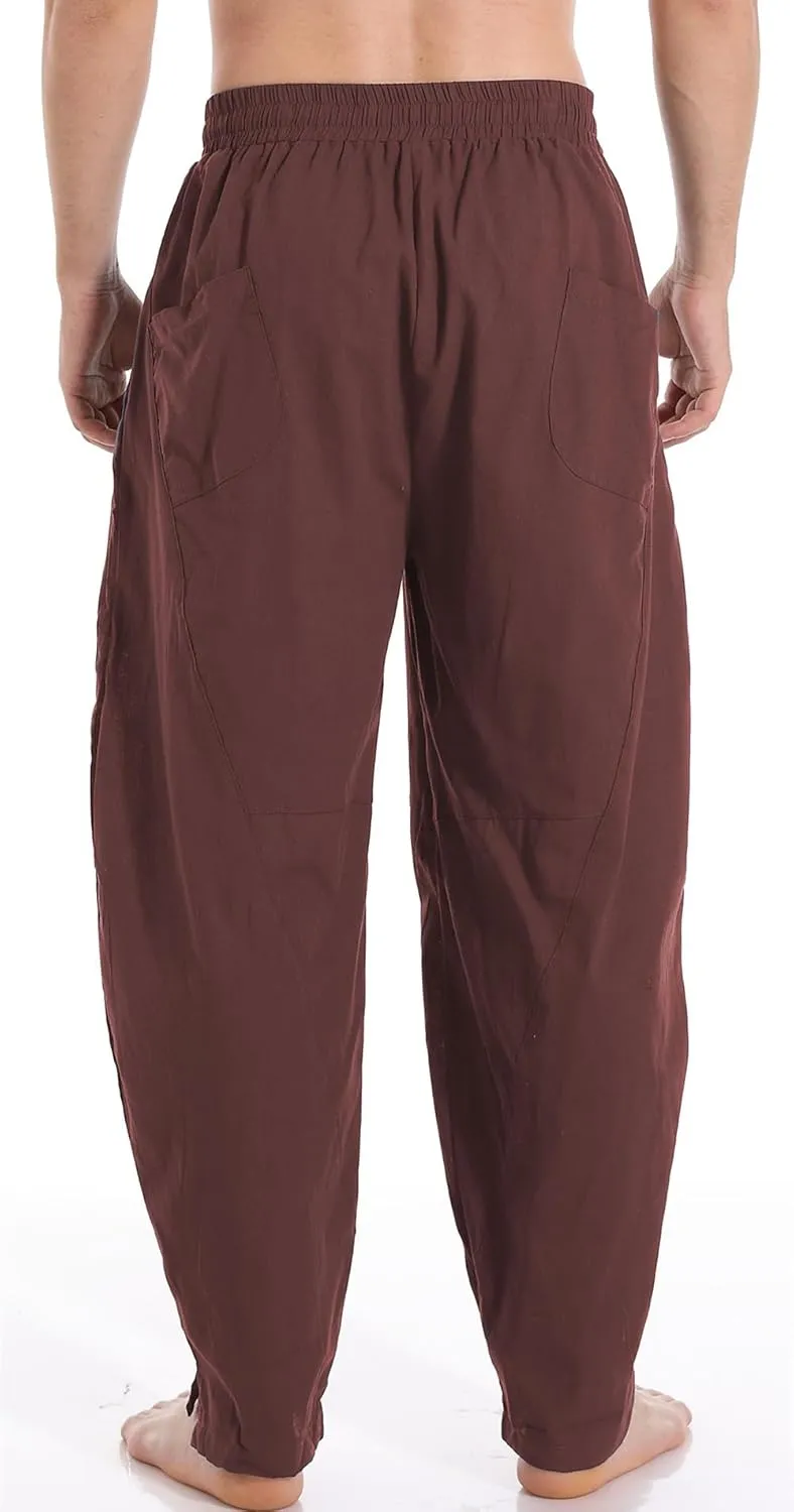 AITFINEISM Mens Cotton Linen Pants Elastic Drawstring Waist Lightweight Summer Beach Pants