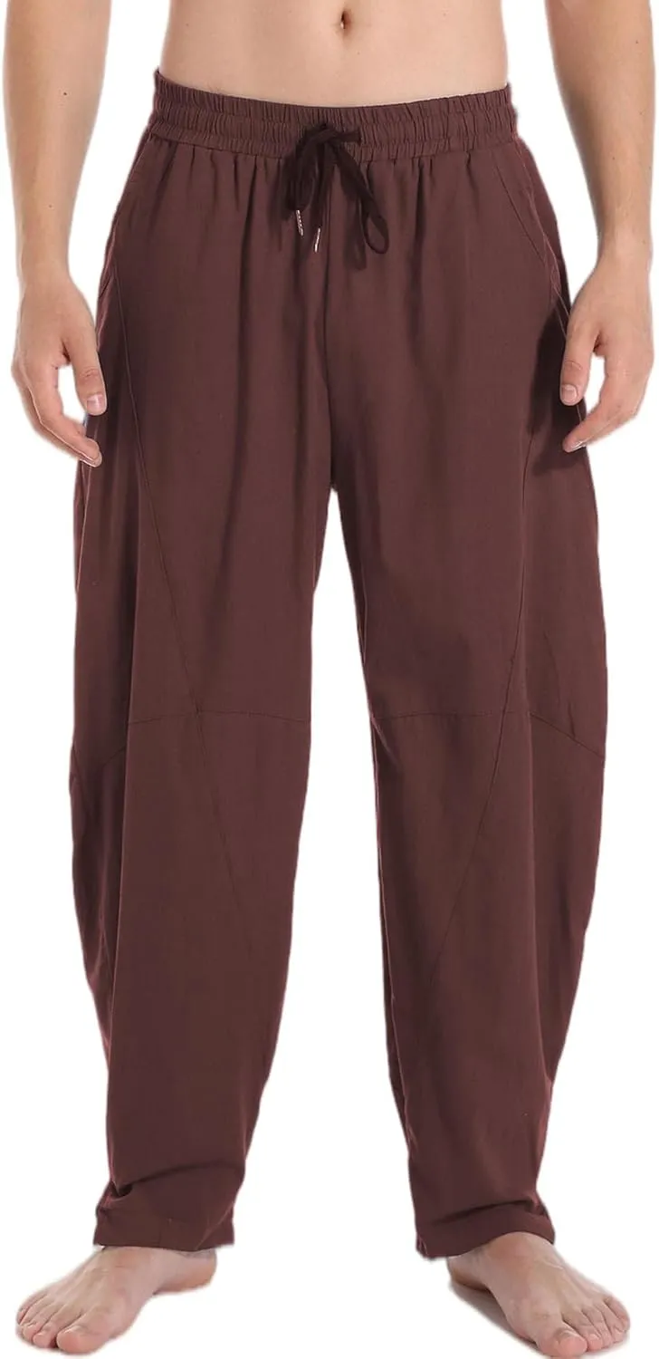 AITFINEISM Mens Cotton Linen Pants Elastic Drawstring Waist Lightweight Summer Beach Pants