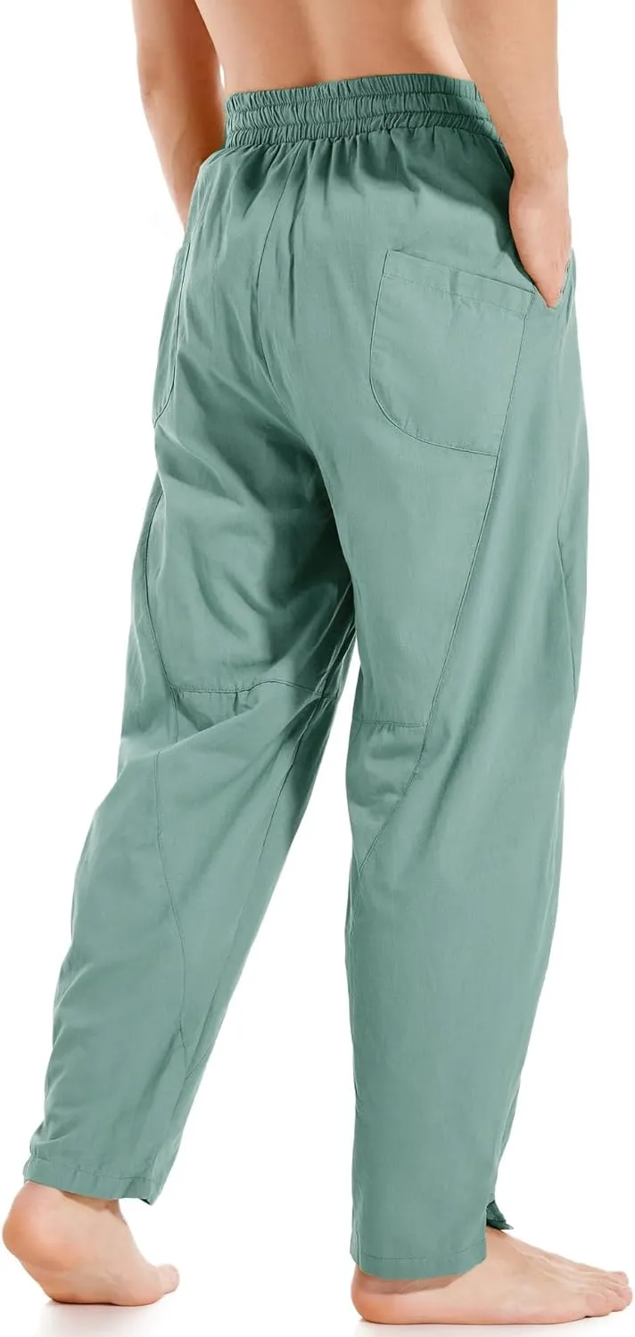 AITFINEISM Mens Cotton Linen Pants Elastic Drawstring Waist Lightweight Summer Beach Pants