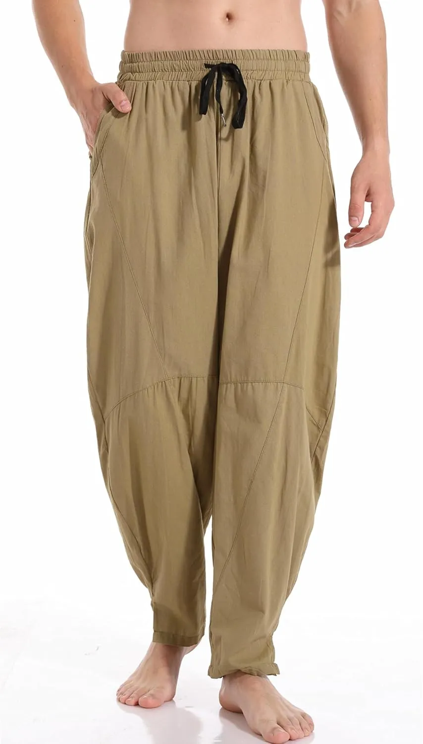 AITFINEISM Mens Cotton Linen Pants Elastic Drawstring Waist Lightweight Summer Beach Pants