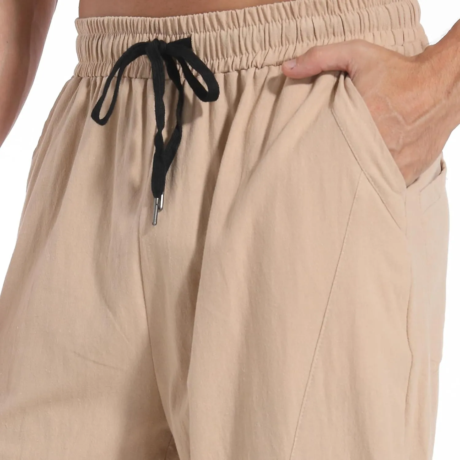 AITFINEISM Mens Cotton Linen Pants Elastic Drawstring Waist Lightweight Summer Beach Pants