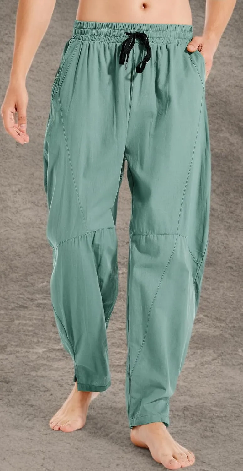 AITFINEISM Mens Cotton Linen Pants Elastic Drawstring Waist Lightweight Summer Beach Pants