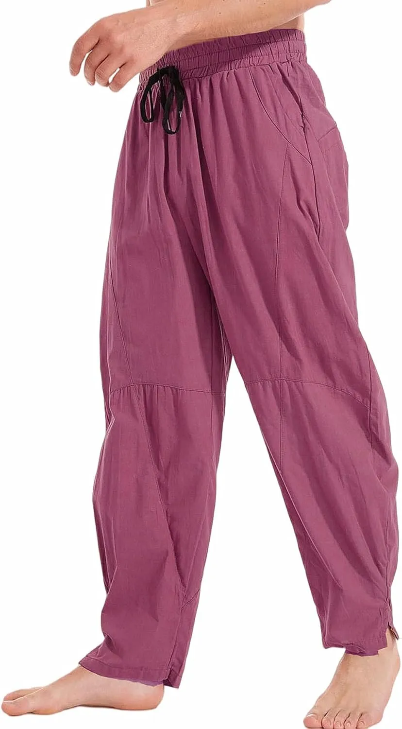 AITFINEISM Mens Cotton Linen Pants Elastic Drawstring Waist Lightweight Summer Beach Pants