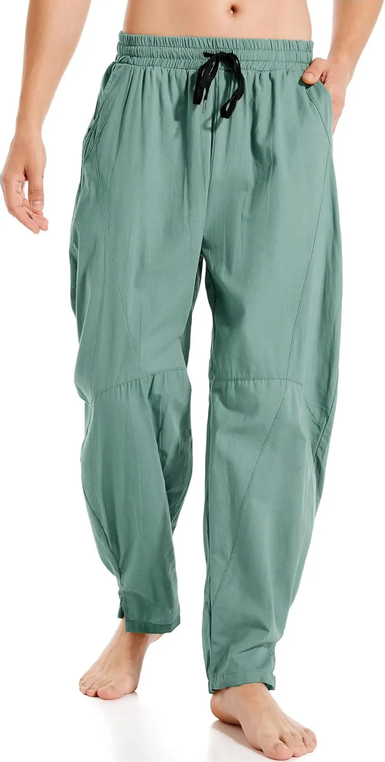 AITFINEISM Mens Cotton Linen Pants Elastic Drawstring Waist Lightweight Summer Beach Pants