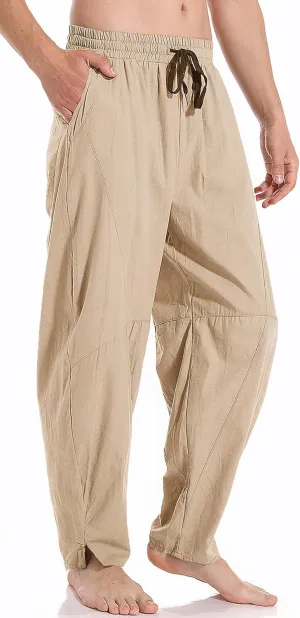 AITFINEISM Mens Cotton Linen Pants Elastic Drawstring Waist Lightweight Summer Beach Pants