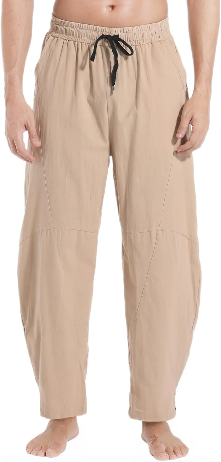 AITFINEISM Mens Cotton Linen Pants Elastic Drawstring Waist Lightweight Summer Beach Pants