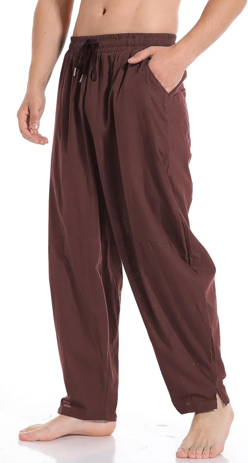 AITFINEISM Mens Cotton Linen Pants Elastic Drawstring Waist Lightweight Summer Beach Pants