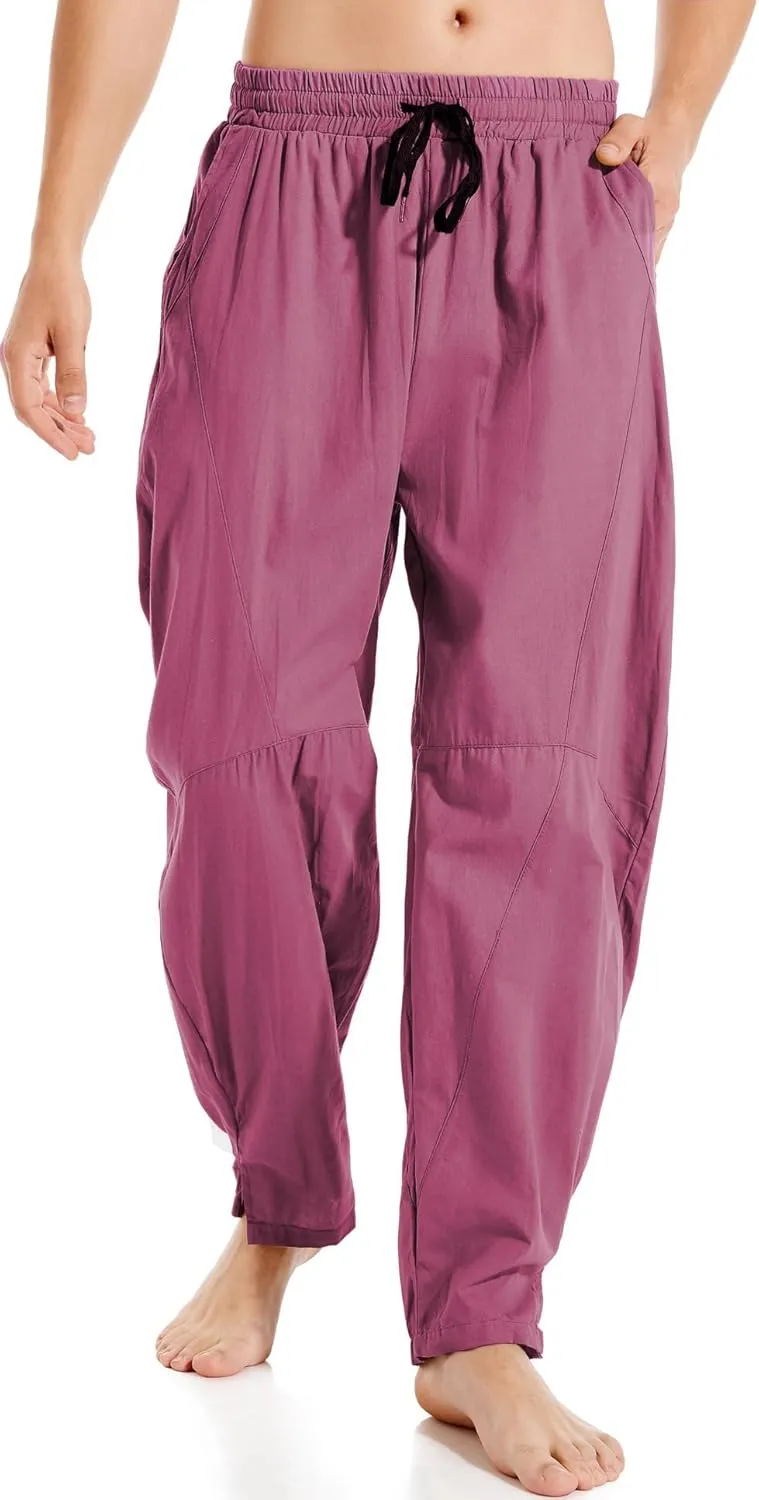 AITFINEISM Mens Cotton Linen Pants Elastic Drawstring Waist Lightweight Summer Beach Pants