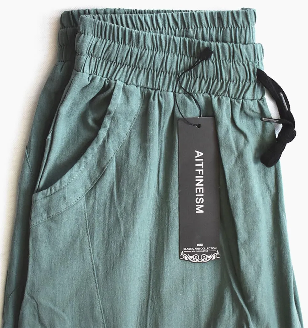 AITFINEISM Mens Cotton Linen Pants Elastic Drawstring Waist Lightweight Summer Beach Pants